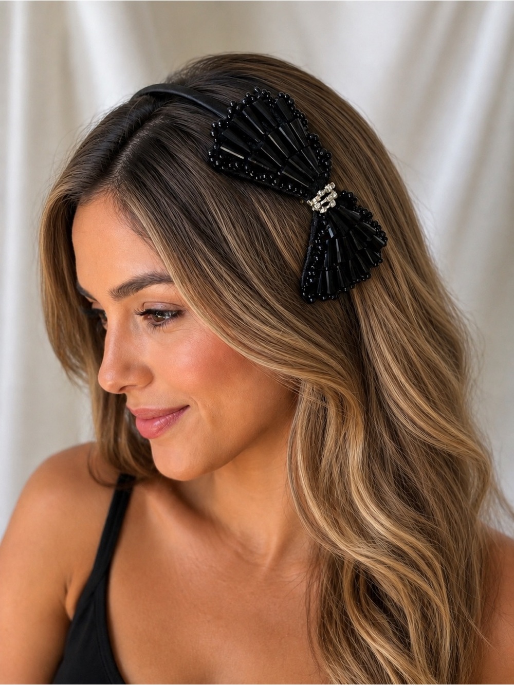 Beaded Black Bow Headband with Rhinestone Accent